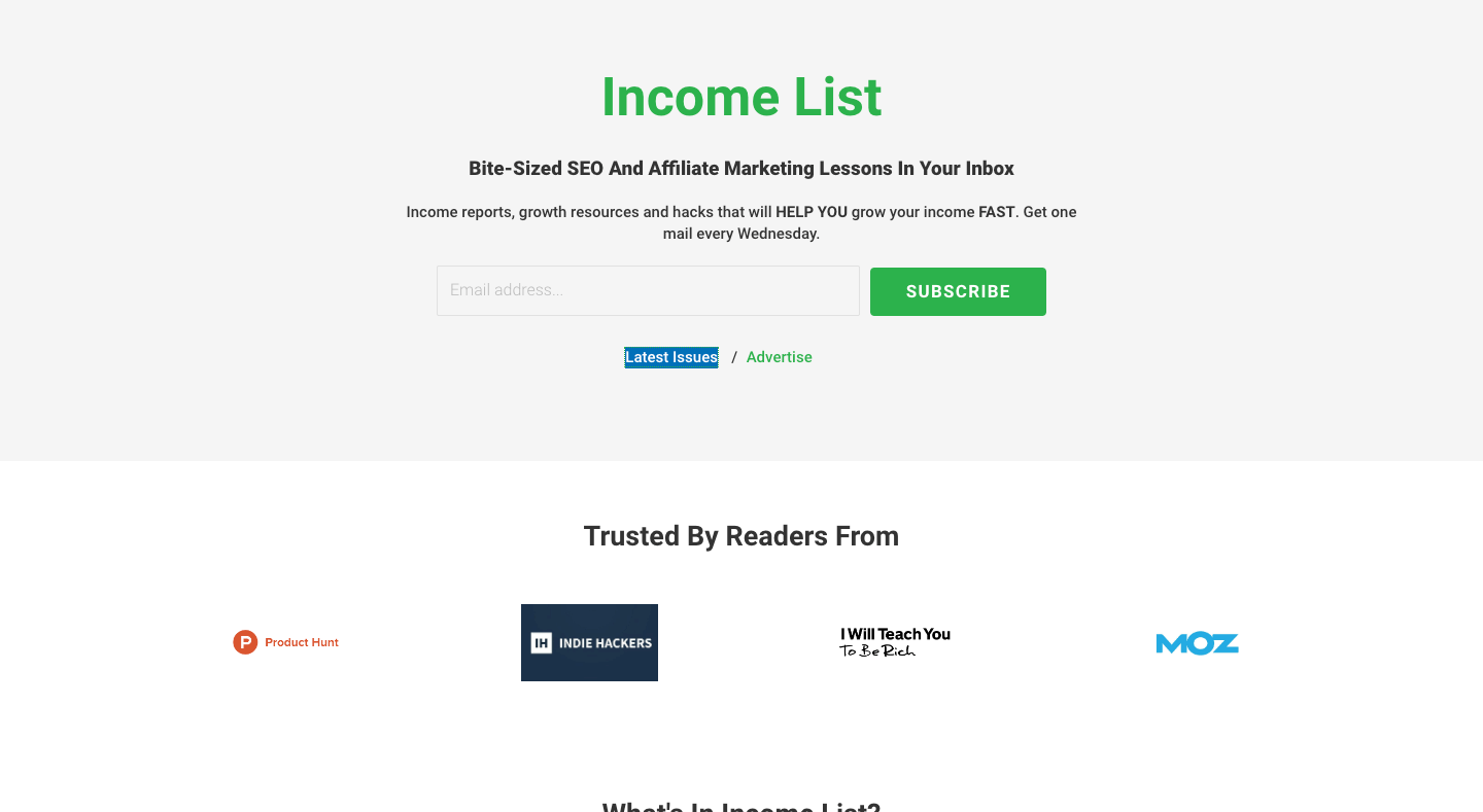 Income List homepage