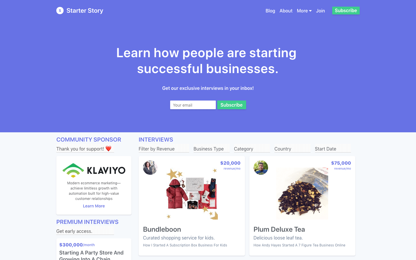 Starter Story homepage