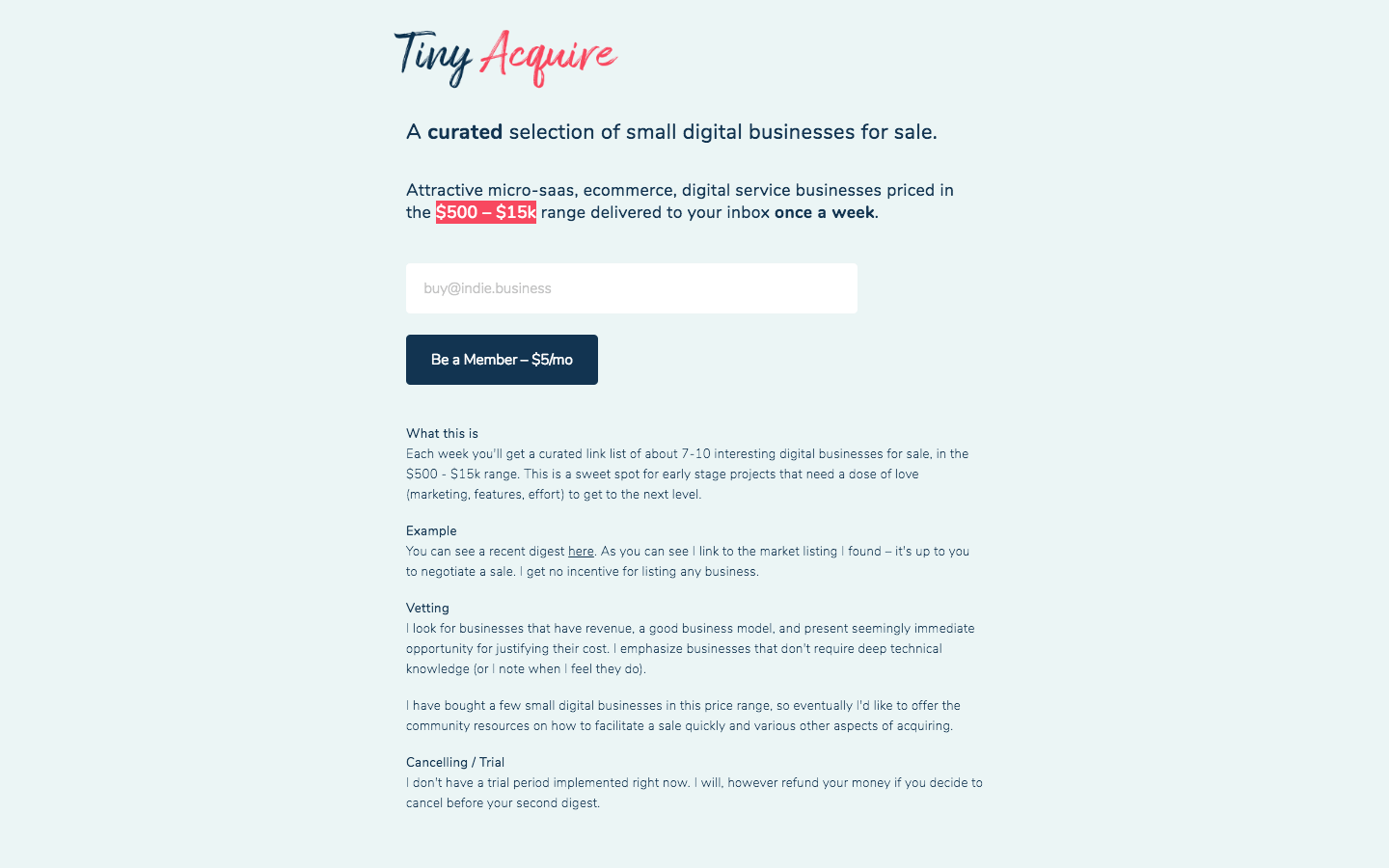 Tiny Acquire homepage