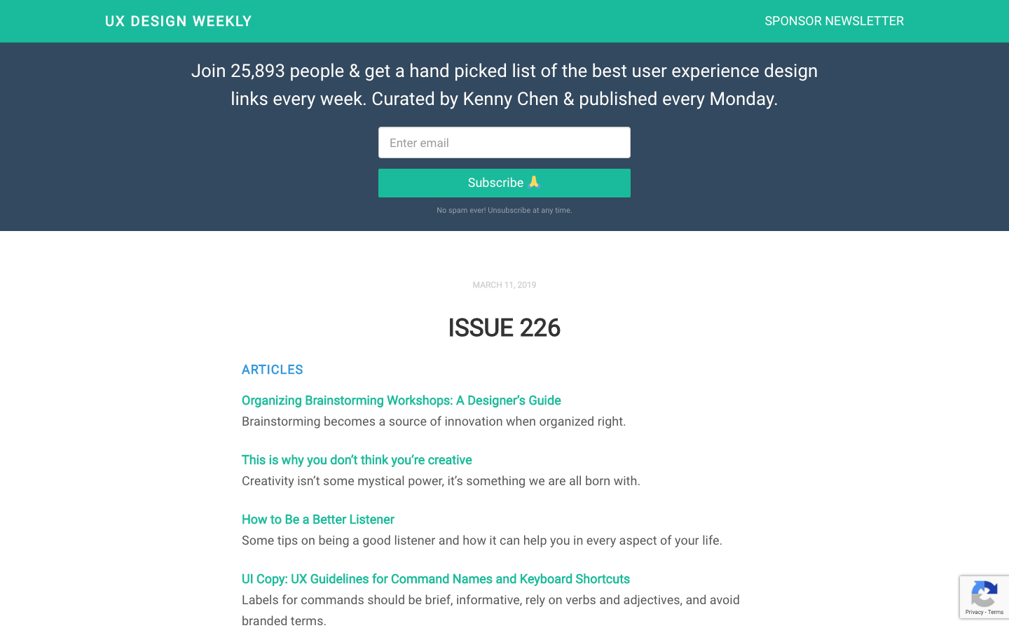 UX Design Weekly homepage